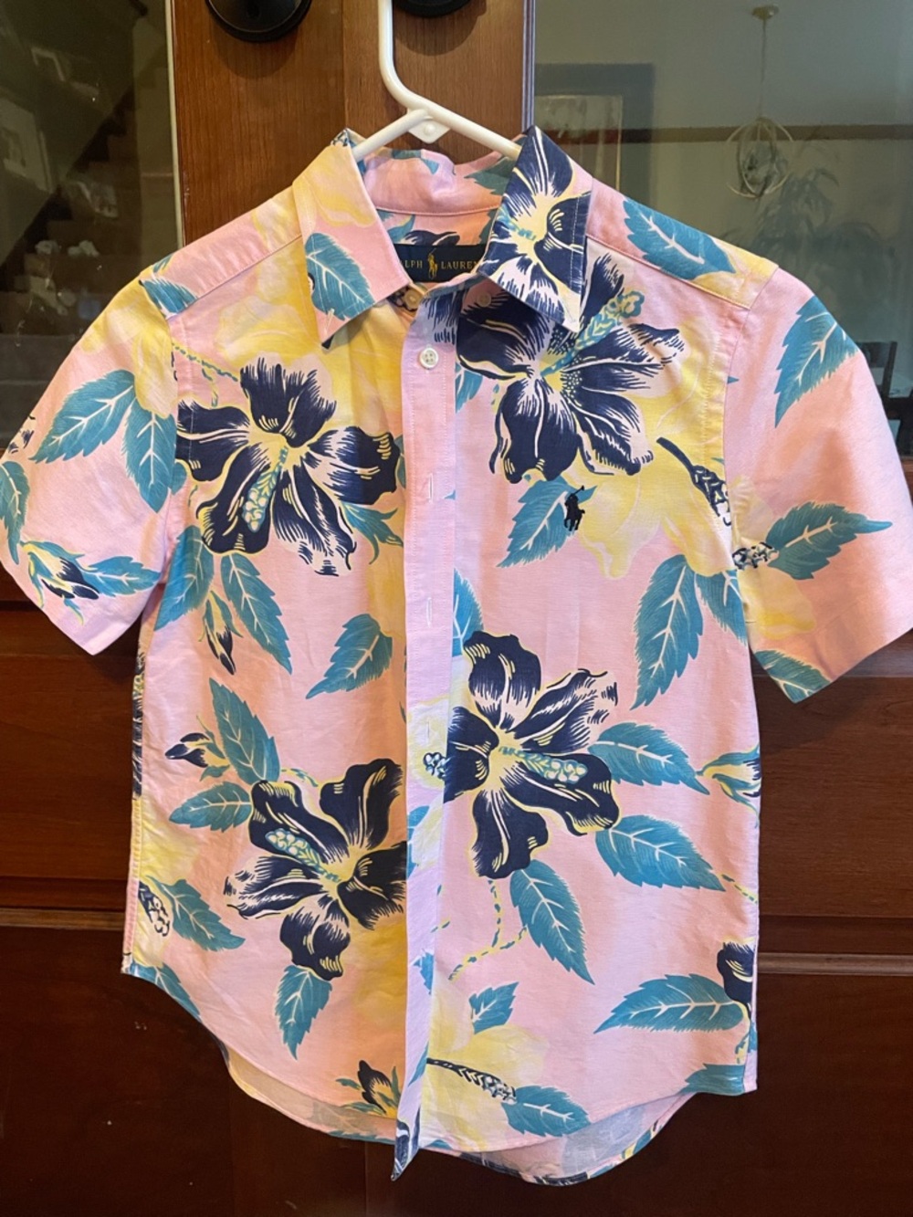Ralph Lauren Pink Floral Short-Sleeve Polo Shirt with Blue & Yellow Accents